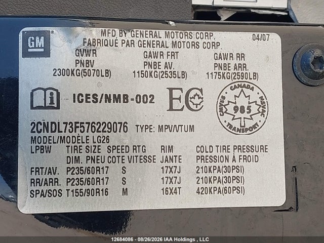2007 Chevrolet Equinox Lt მანქანა იყიდება აუქციონზე, vin: 2CNDL73F576229076, აუქციონის ნომერი: 12684086