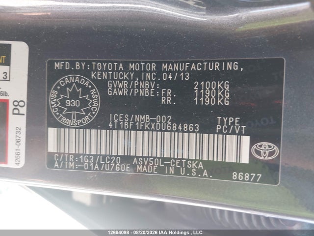 Aukcja sprzedaży 2013 Toyota Camry L/se/le/xle, vin: 4T1BF1FKXDU684863, numer aukcji: 12684098