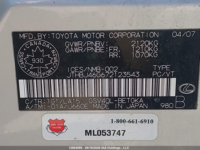 Aukcja sprzedaży 2007 Lexus Es 350 350, vin: JTHBJ46G672123543, numer aukcji: 12684099