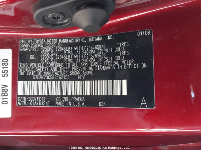 2008 Toyota Sienna Le მანქანა იყიდება აუქციონზე, vin: 5TDZK23C58S162153, აუქციონის ნომერი: 12684103
