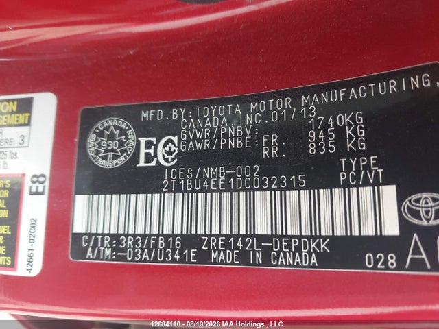 Продажа на аукционе авто 2013 Toyota Corolla S/le, vin: 2T1BU4EE1DC032315, номер лота: 12684110