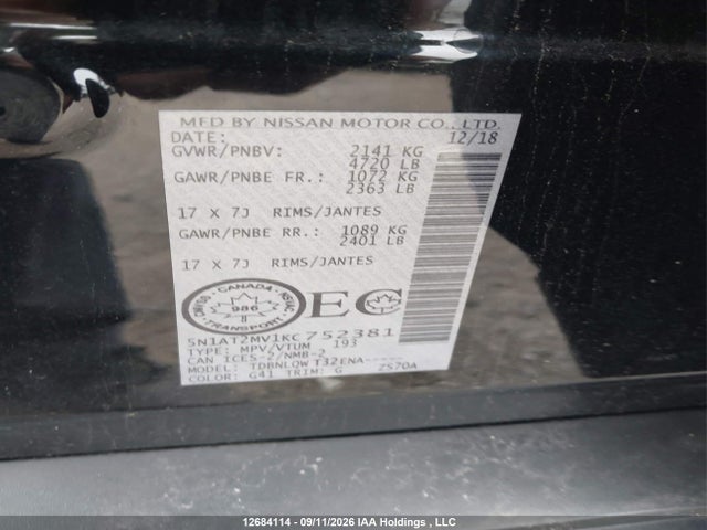 Продаж на аукціоні авто 2019 Nissan Rogue S/sl/sv, vin: 5N1AT2MV1KC752381, номер лоту: 12684114
