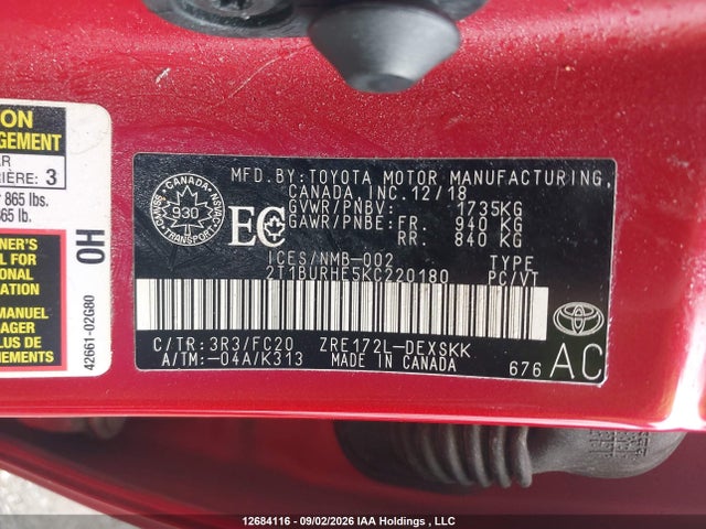 12684116 :رقم المزاد ، 2T1BURHE5KC220180 vin ، 2019 Toyota Corolla L/le/xle/se/xse مزاد بيع