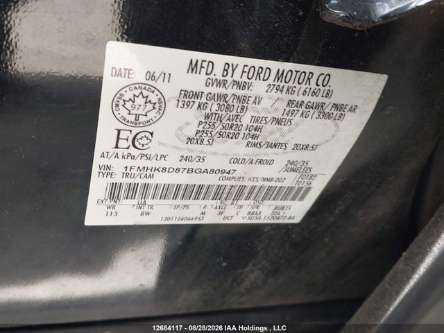12684117 :رقم المزاد ، 1FMHK8D87BGA80947 vin ، 2011 Ford Explorer Xlt مزاد بيع