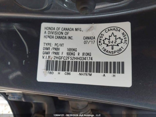 Honda Civic Lx 2017 2HGFC2F52HH034174 Image 9