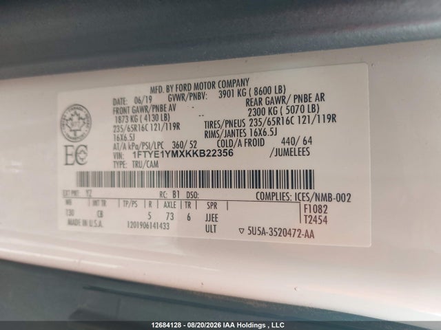 Aukcja sprzedaży 2019 Ford Transit T-150, vin: 1FTYE1YMXKKB22356, numer aukcji: 12684128