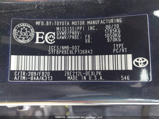 Продаж на аукціоні авто 2020 Toyota Corolla Le, vin: 5YFBPRBE8LP136842, номер лоту: 12684132