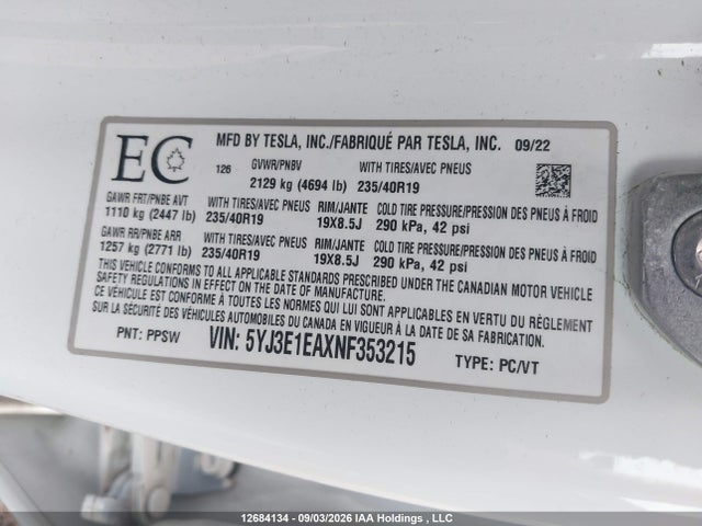Aukcja sprzedaży 2022 Tesla Model 3 Rwd/standard Range, vin: 5YJ3E1EAXNF353215, numer aukcji: 12684134