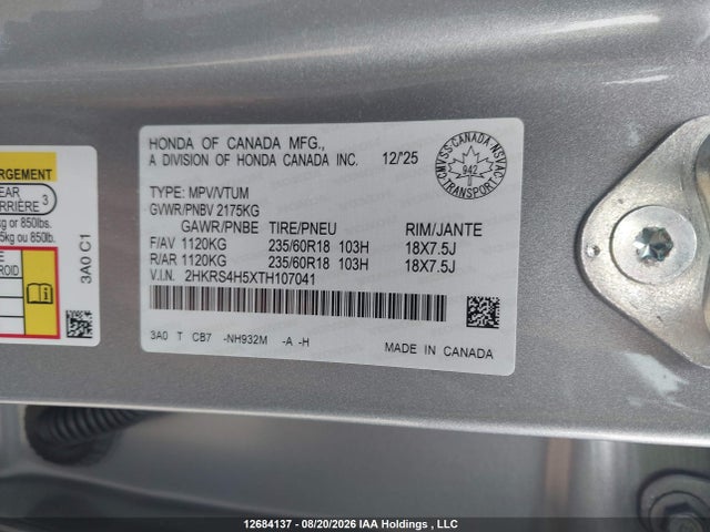 Aukcja sprzedaży 2026 Honda Cr-v Sport, vin: 2HKRS4H5XTH107041, numer aukcji: 12684137