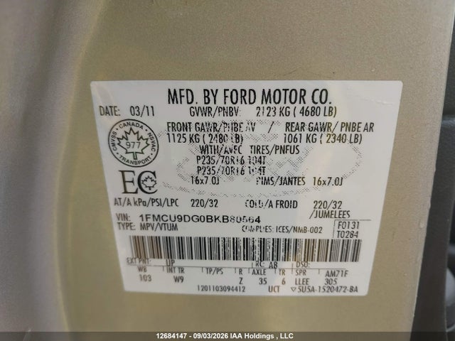 Продажа на аукционе авто 2011 Ford Escape Xlt Automatic, vin: 1FMCU9DG0BKB80564, номер лота: 12684147