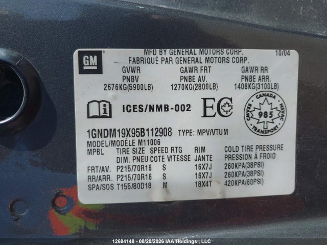 2005 Chevrolet Astro მანქანა იყიდება აუქციონზე, vin: 1GNDM19X95B112908, აუქციონის ნომერი: 12684148
