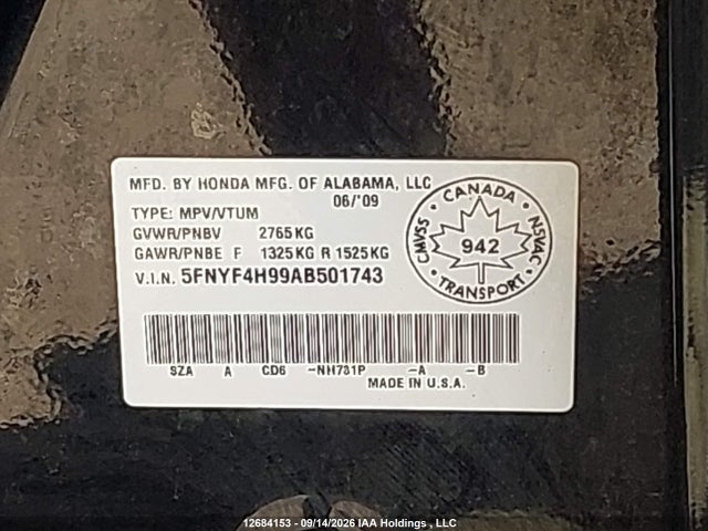 Продажа на аукционе авто 2010 Honda Pilot, vin: 5FNYF4H99AB501743, номер лота: 12684153