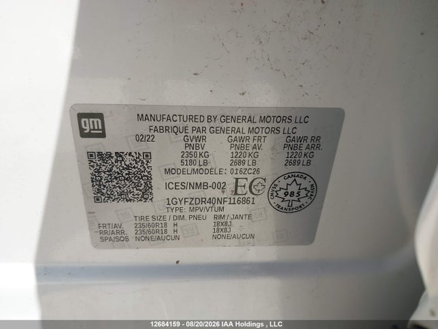 12684159 :رقم المزاد ، 1GYFZDR40NF116861 vin ، 2022 Cadillac Xt4 Premium Luxury مزاد بيع