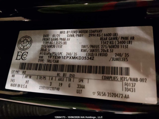 12684173 :رقم المزاد ، 1FTEW1EPXMKD35342 vin ، 2021 Ford F150 Supercrew مزاد بيع