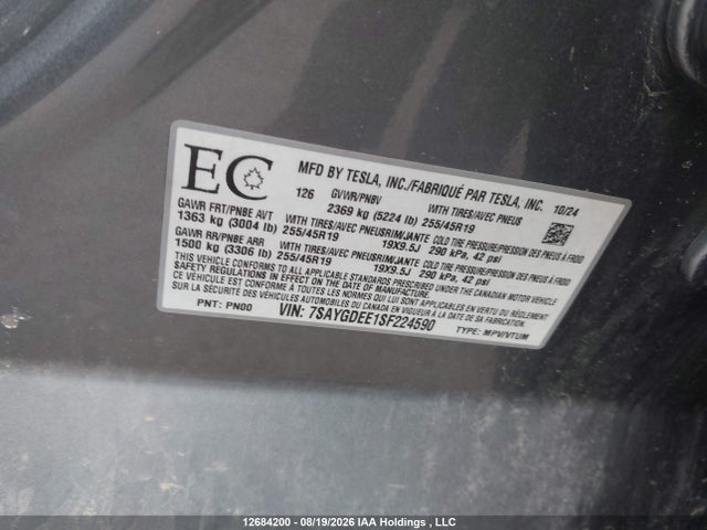 2025 Tesla Model Y მანქანა იყიდება აუქციონზე, vin: 7SAYGDEE1SF224590, აუქციონის ნომერი: 12684200