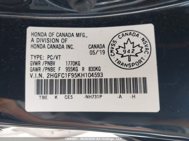 Honda Civic Touring 2019 2HGFC1F95KH104593 Image 9