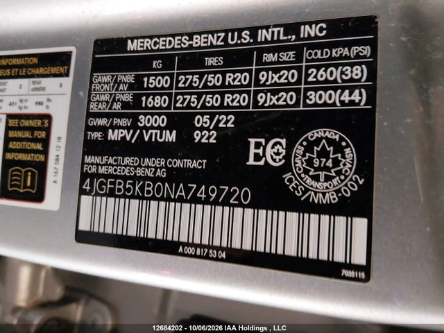 12684202 :رقم المزاد ، 4JGFB5KB0NA749720 vin ، 2022 Mercedes-benz Gle 450 4matic مزاد بيع