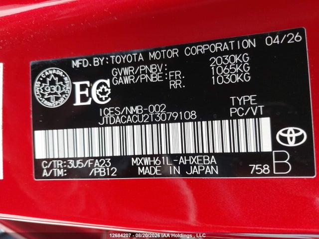 JTDACACU2T3079108 Toyota Prius Se/xse/xse Premium/night Shade