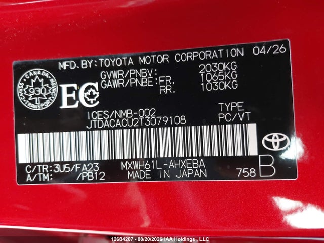 JTDACACU2T3079108 Toyota Prius Se/xse/xse Premium/night Shade
