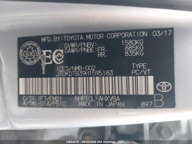12684215 :رقم المزاد ، JTDKDTB39H1595183 vin ، 2017 Toyota Prius C مزاد بيع
