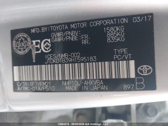12684215 :رقم المزاد ، JTDKDTB39H1595183 vin ، 2017 Toyota Prius C مزاد بيع