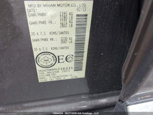 5N1AZ2MH9FN216331 Nissan Murano Platinum/sl/sv