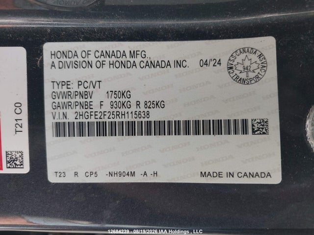 Продажа на аукционе авто 2024 Honda Civic Lx, vin: 2HGFE2F25RH115638, номер лота: 12684239