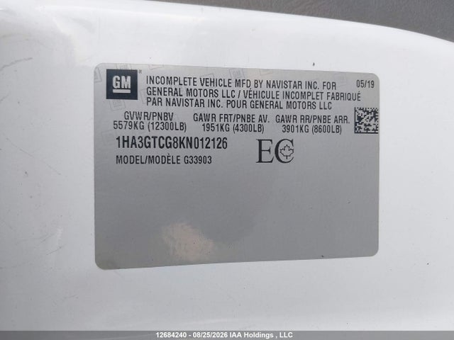 2019 Chevrolet Express G3500 მანქანა იყიდება აუქციონზე, vin: 1HA3GTCG8KN012126, აუქციონის ნომერი: 12684240