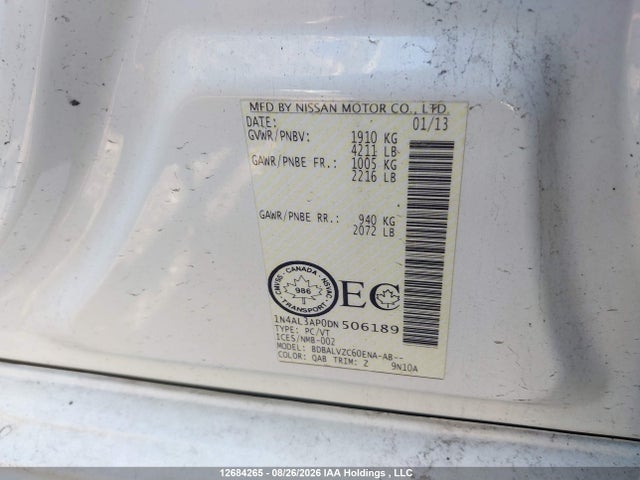 Продаж на аукціоні авто 2013 Nissan Altima 2.5/s/sv/sl, vin: 1N4AL3AP0DN506189, номер лоту: 12684265
