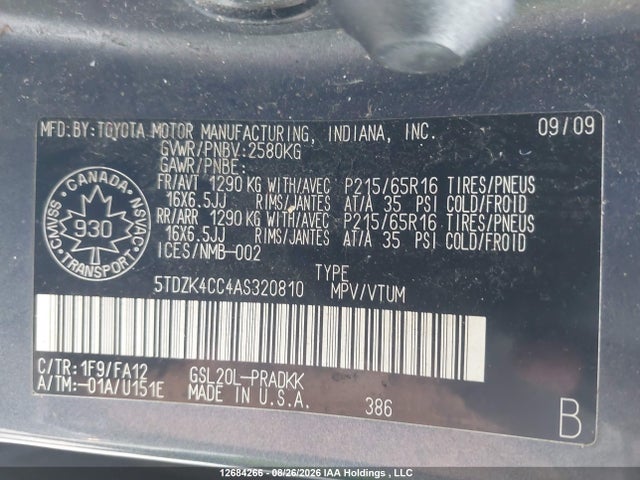 Aukcja sprzedaży 2010 Toyota Sienna Ce 8 Passenger, vin: 5TDZK4CC4AS320810, numer aukcji: 12684266