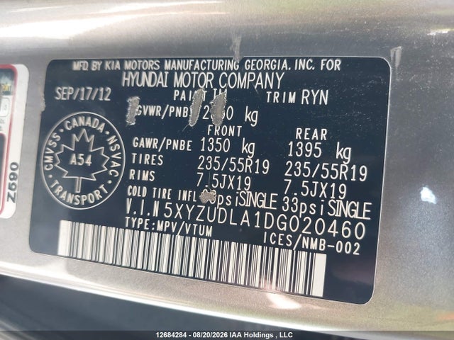 2013 Hyundai Santa Fe Sport 2.0t Se მანქანა იყიდება აუქციონზე, vin: 5XYZUDLA1DG020460, აუქციონის ნომერი: 12684284