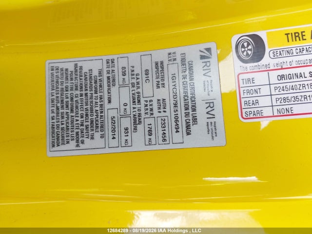 Aukcja sprzedaży 2014 Chevrolet Corvette Stingray, vin: 1G1YC2D79E5106494, numer aukcji: 12684289