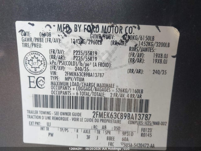 12684291 :رقم المزاد ، 2FMEK63C89BA13787 vin ، 2009 Ford Flex Limited مزاد بيع