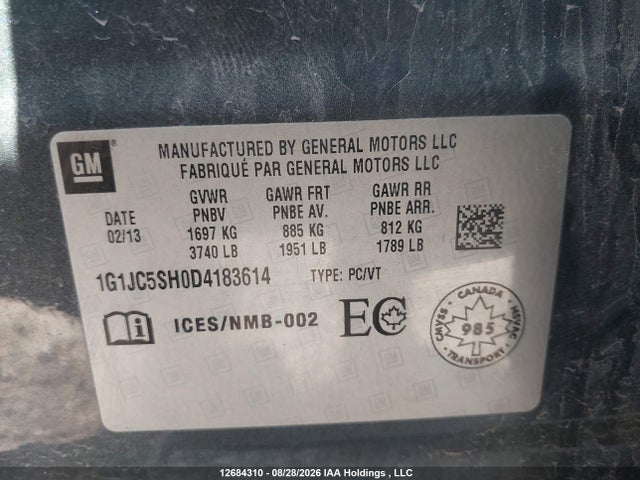 12684310 :رقم المزاد ، 1G1JC5SH0D4183614 vin ، 2013 Chevrolet Sonic Lt Auto مزاد بيع