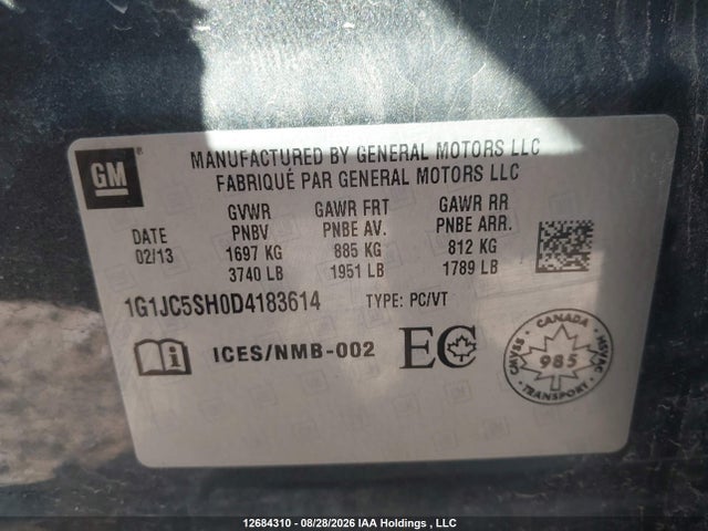 12684310 :رقم المزاد ، 1G1JC5SH0D4183614 vin ، 2013 Chevrolet Sonic Lt Auto مزاد بيع