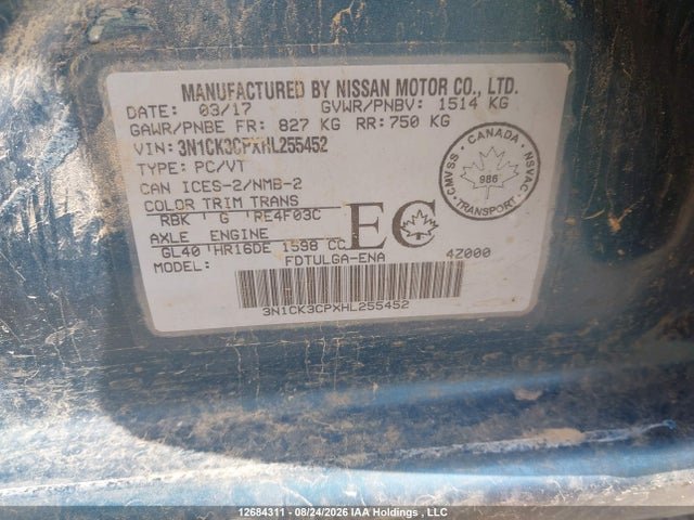 12684311 :رقم المزاد ، 3N1CK3CPXHL255452 vin ، 2017 Nissan Micra S/sr/sv مزاد بيع