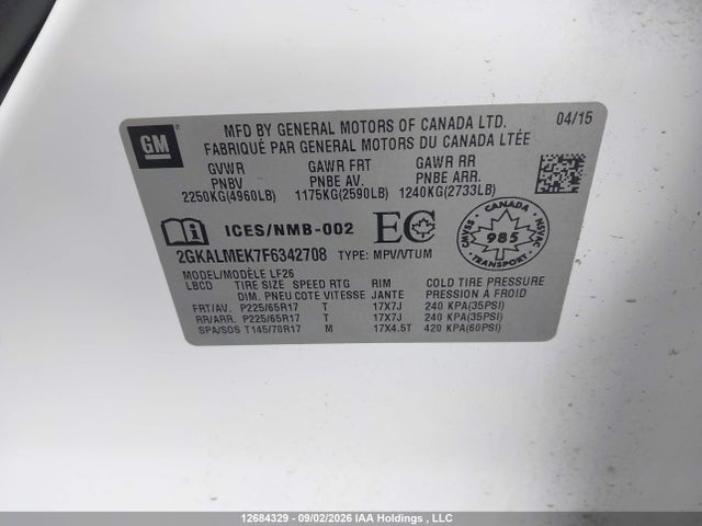 Aukcja sprzedaży 2015 Gmc Terrain Sle, vin: 2GKALMEK7F6342708, numer aukcji: 12684329