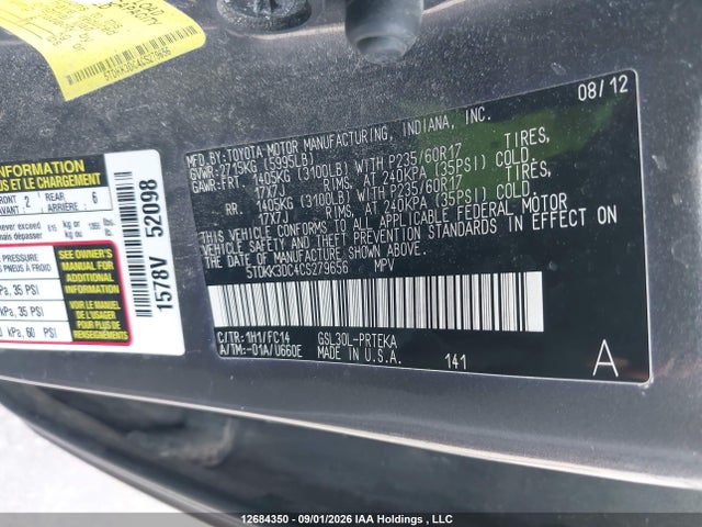 12684350 :رقم المزاد ، 5TDKK3DC4CS279656 vin ، 2012 Toyota Sienna Le V6 8 Passenger مزاد بيع