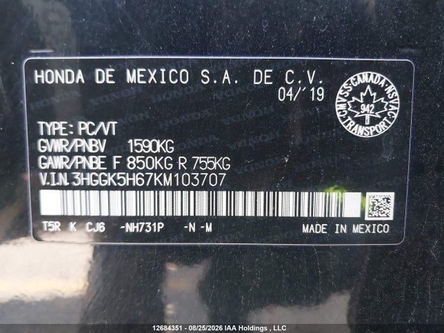 3HGGK5H67KM103707 Honda Fit Sport