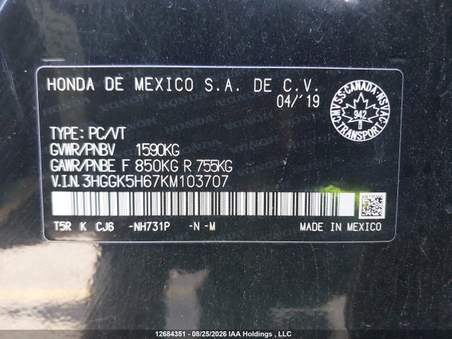3HGGK5H67KM103707 Honda Fit Sport