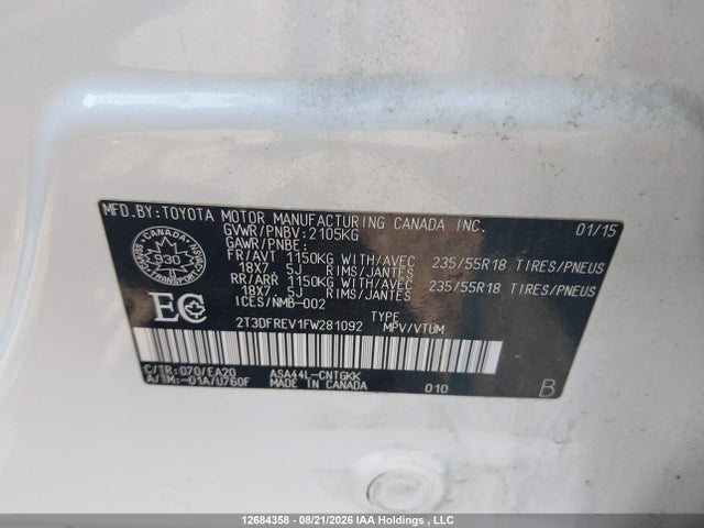 2T3DFREV1FW281092 Toyota Rav4 Limited