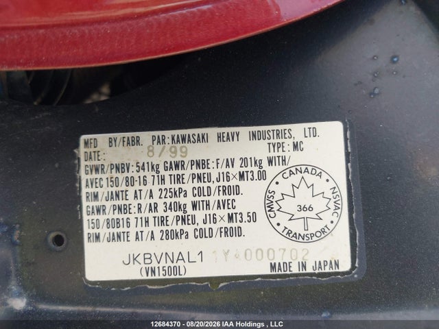 2000 Kawasaki Vn1500 L მანქანა იყიდება აუქციონზე, vin: JKBVNAL11YA000702, აუქციონის ნომერი: 12684370