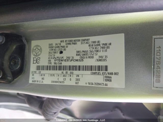 Продажа на аукционе авто 2018 Ford F150 Supercrew, vin: 1FTEW1E57JFC96325, номер лота: 12684385