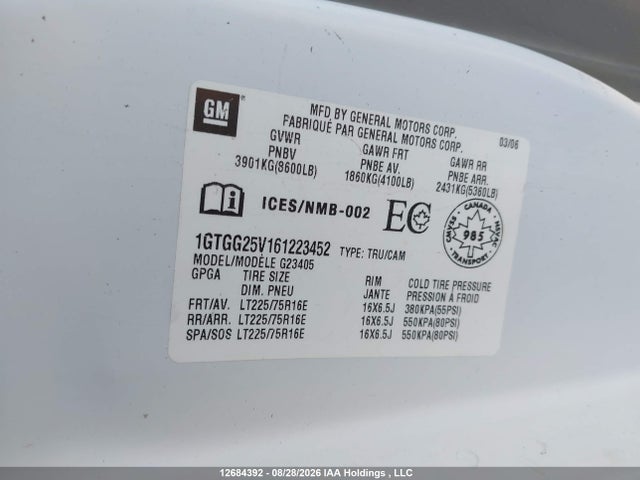12684392 :رقم المزاد ، 1GTGG25V161223452 vin ، 2006 Gmc Savana Standard مزاد بيع