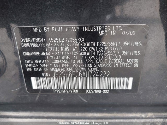 12684398 :رقم المزاد ، JF2SH6FC6AH724222 vin ، 2010 Subaru Forester 2.5xt Limited مزاد بيع