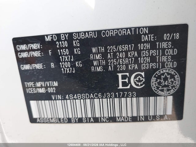 2018 Subaru Outback 2.5i მანქანა იყიდება აუქციონზე, vin: 4S4BSDAC6J3317733, აუქციონის ნომერი: 12684408