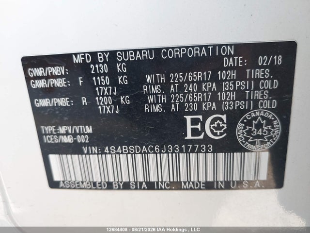 2018 Subaru Outback 2.5i მანქანა იყიდება აუქციონზე, vin: 4S4BSDAC6J3317733, აუქციონის ნომერი: 12684408