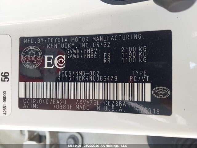 Продажа на аукционе авто 2022 Toyota Camry Se/se Night Shade, vin: 4T1G11BK4NU066479, номер лота: 12684420