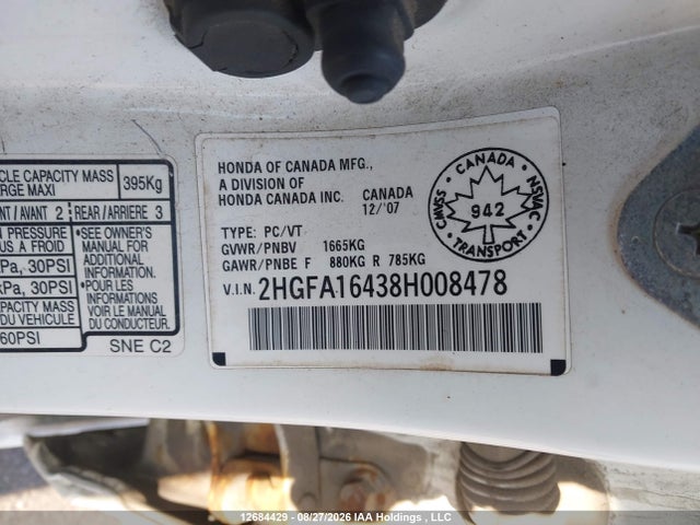 Aukcja sprzedaży 2008 Honda Civic Dx-g, vin: 2HGFA16438H008478, numer aukcji: 12684429