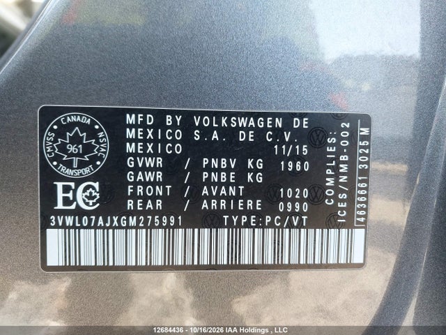 2016 Volkswagen Jetta Sel/sel Premium მანქანა იყიდება აუქციონზე, vin: 3VWL07AJXGM275991, აუქციონის ნომერი: 12684436
